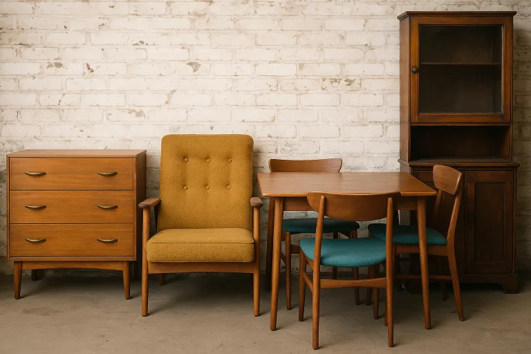 A second hand dining table, chair and two cupboards